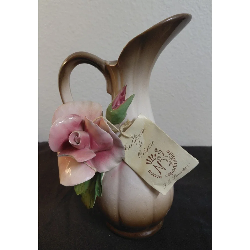 Vintage Nuova Capodimonte Italy Porcelain Pink Rose Pitcher Vase F.lli Savastano